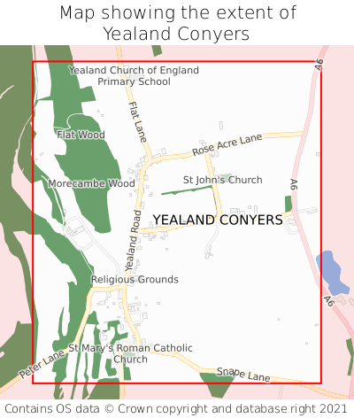 Map showing extent of Yealand Conyers as bounding box