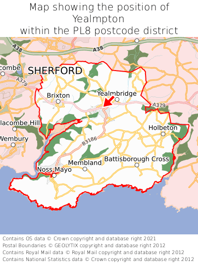Map showing location of Yealmpton within PL8