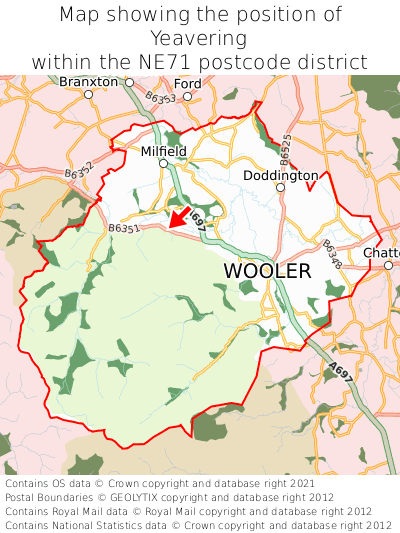 Map showing location of Yeavering within NE71