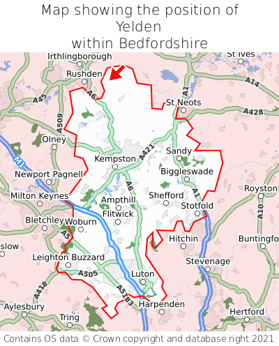 Map showing location of Yelden within Bedfordshire