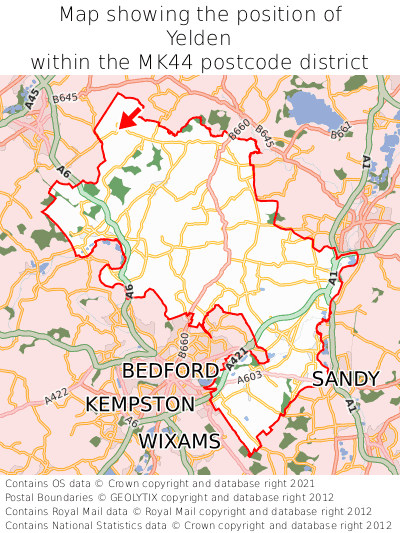 Map showing location of Yelden within MK44