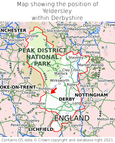 Map showing location of Yeldersley within Derbyshire