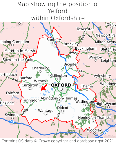 Map showing location of Yelford within Oxfordshire