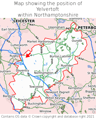 Map showing location of Yelvertoft within Northamptonshire