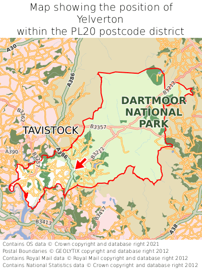 Map showing location of Yelverton within PL20