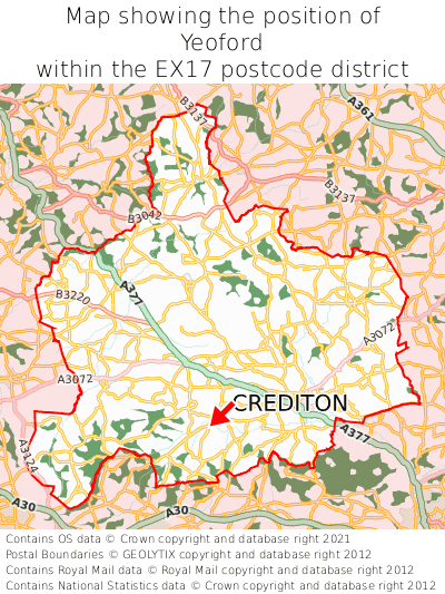 Map showing location of Yeoford within EX17