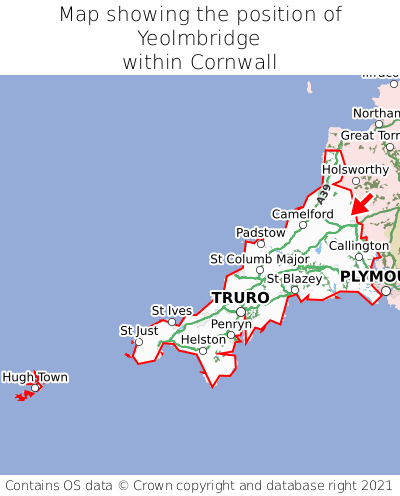 Map showing location of Yeolmbridge within Cornwall