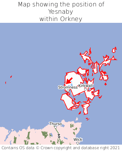 Map showing location of Yesnaby within Orkney