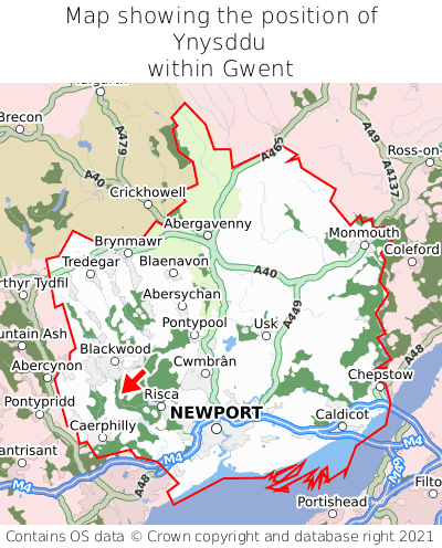 Map showing location of Ynysddu within Gwent