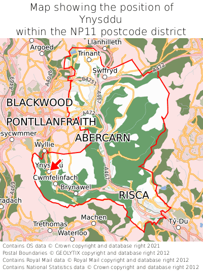 Map showing location of Ynysddu within NP11