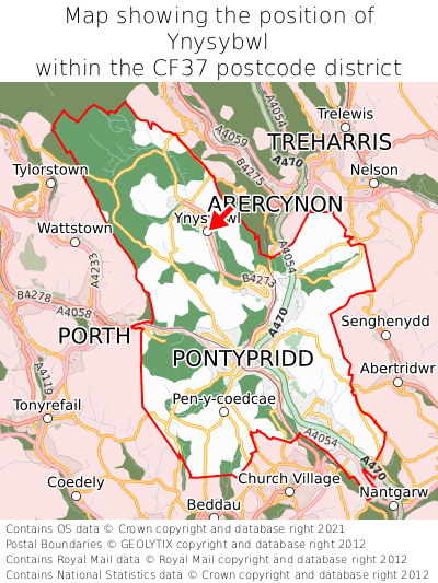Map showing location of Ynysybwl within CF37