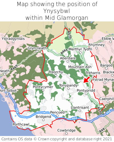 Map showing location of Ynysybwl within Mid Glamorgan