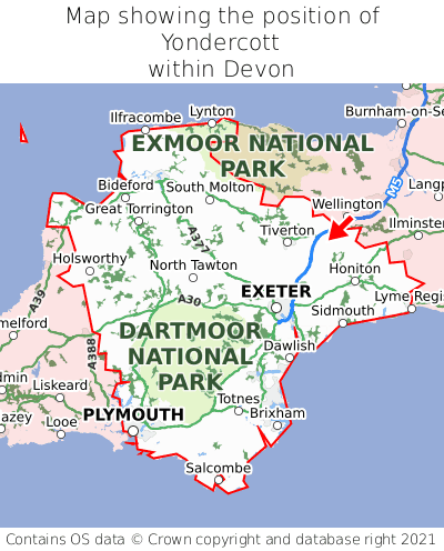 Map showing location of Yondercott within Devon