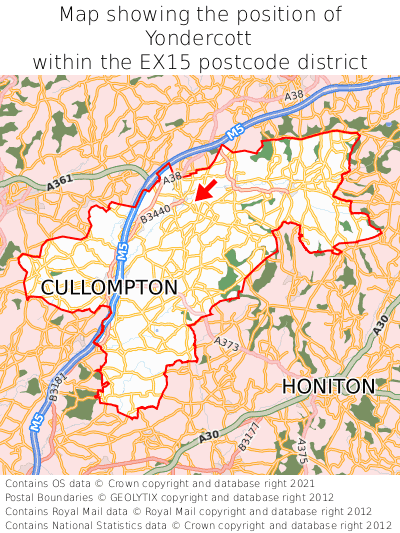 Map showing location of Yondercott within EX15