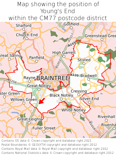 Map showing location of Young's End within CM77