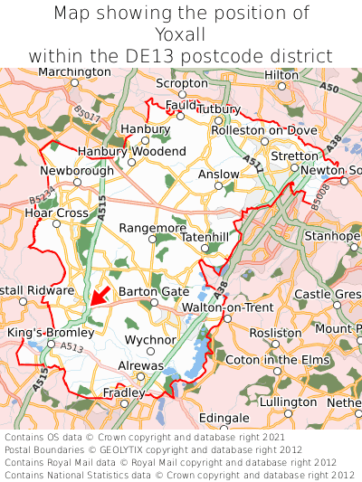 Map showing location of Yoxall within DE13