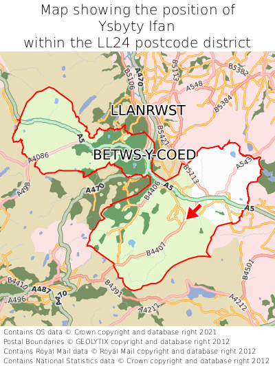 Map showing location of Ysbyty Ifan within LL24