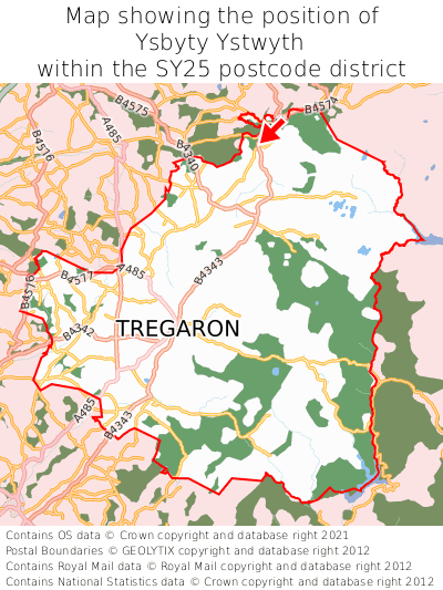 Map showing location of Ysbyty Ystwyth within SY25