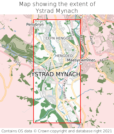 Map showing extent of Ystrad Mynach as bounding box