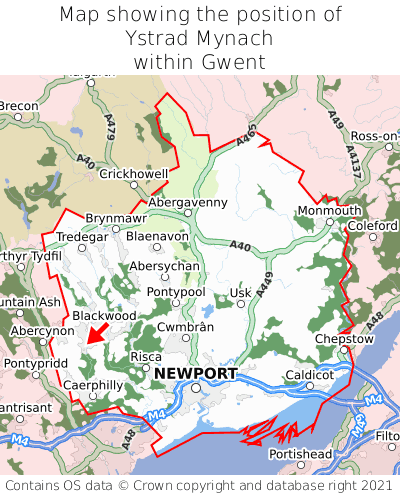Map showing location of Ystrad Mynach within Gwent