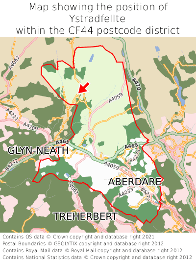 Map showing location of Ystradfellte within CF44