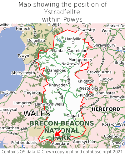 Map showing location of Ystradfellte within Powys