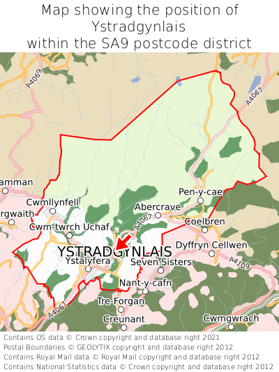 Map showing location of Ystradgynlais within SA9
