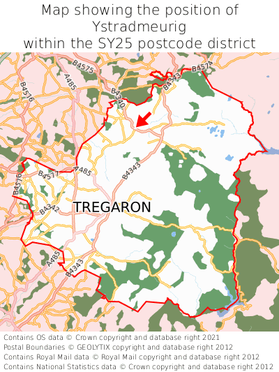 Map showing location of Ystradmeurig within SY25