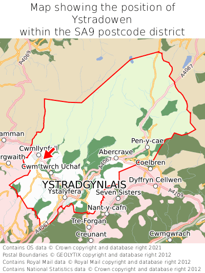 Map showing location of Ystradowen within SA9
