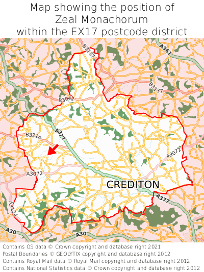 Map showing location of Zeal Monachorum within EX17