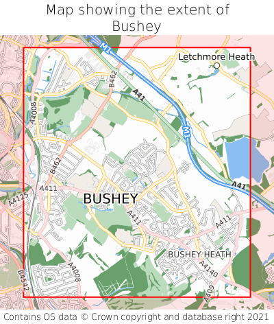 Map showing extent of Bushey as bounding box