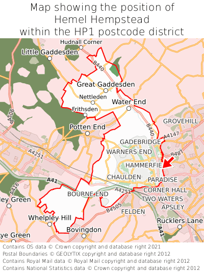 Map showing location of Hemel Hempstead within HP1