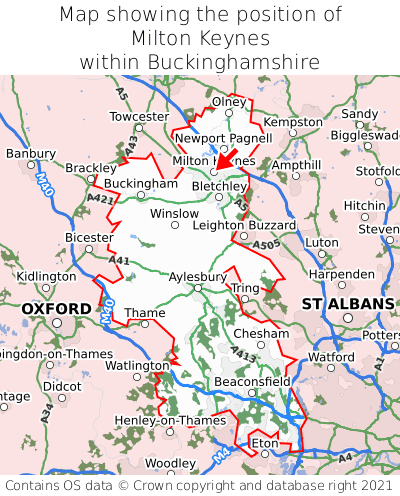 Map showing location of Milton Keynes within Buckinghamshire