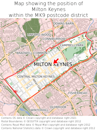 Map showing location of Milton Keynes within MK9
